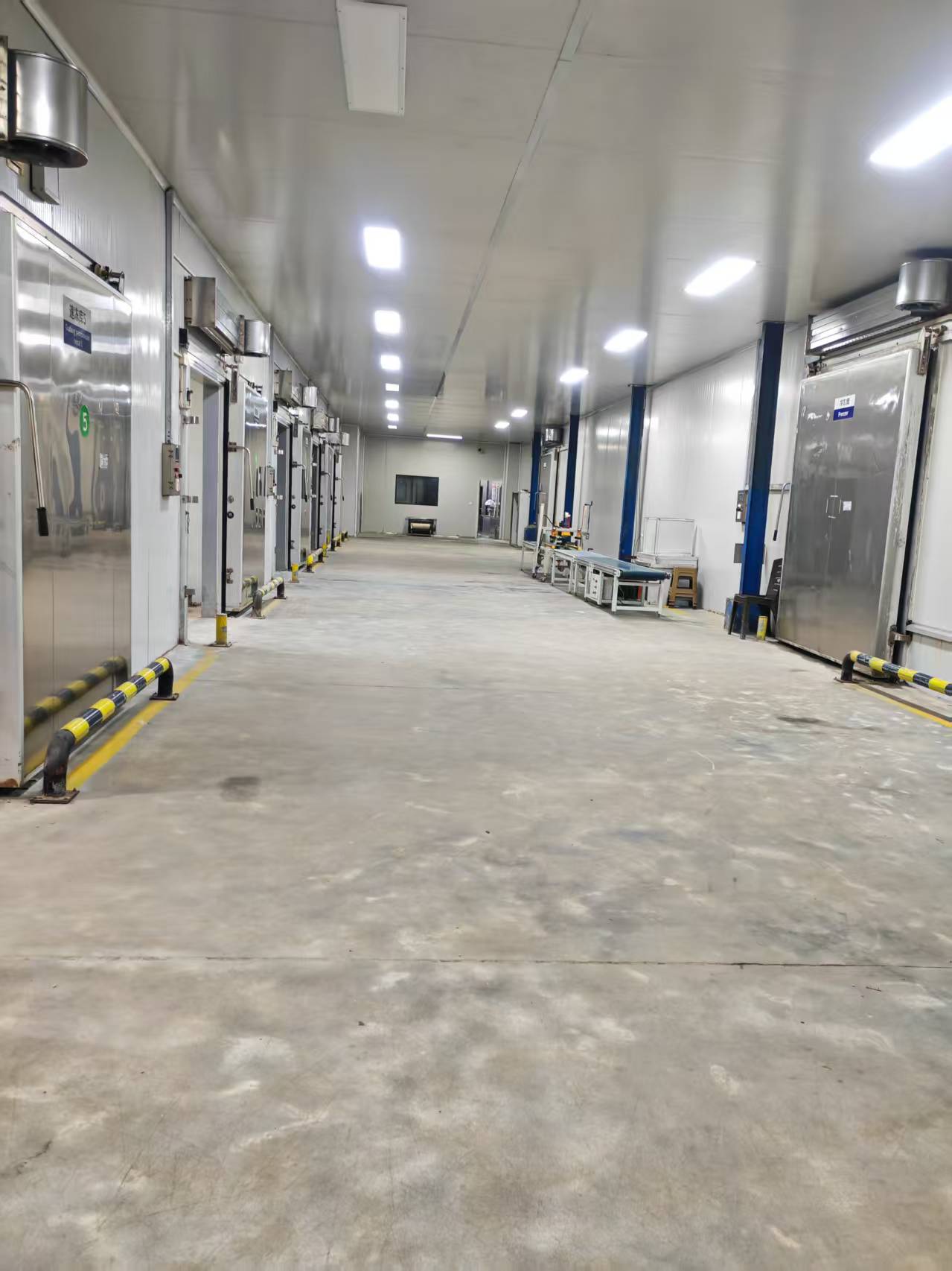 Factory cold storage corridor with stainless steel refrigeration units