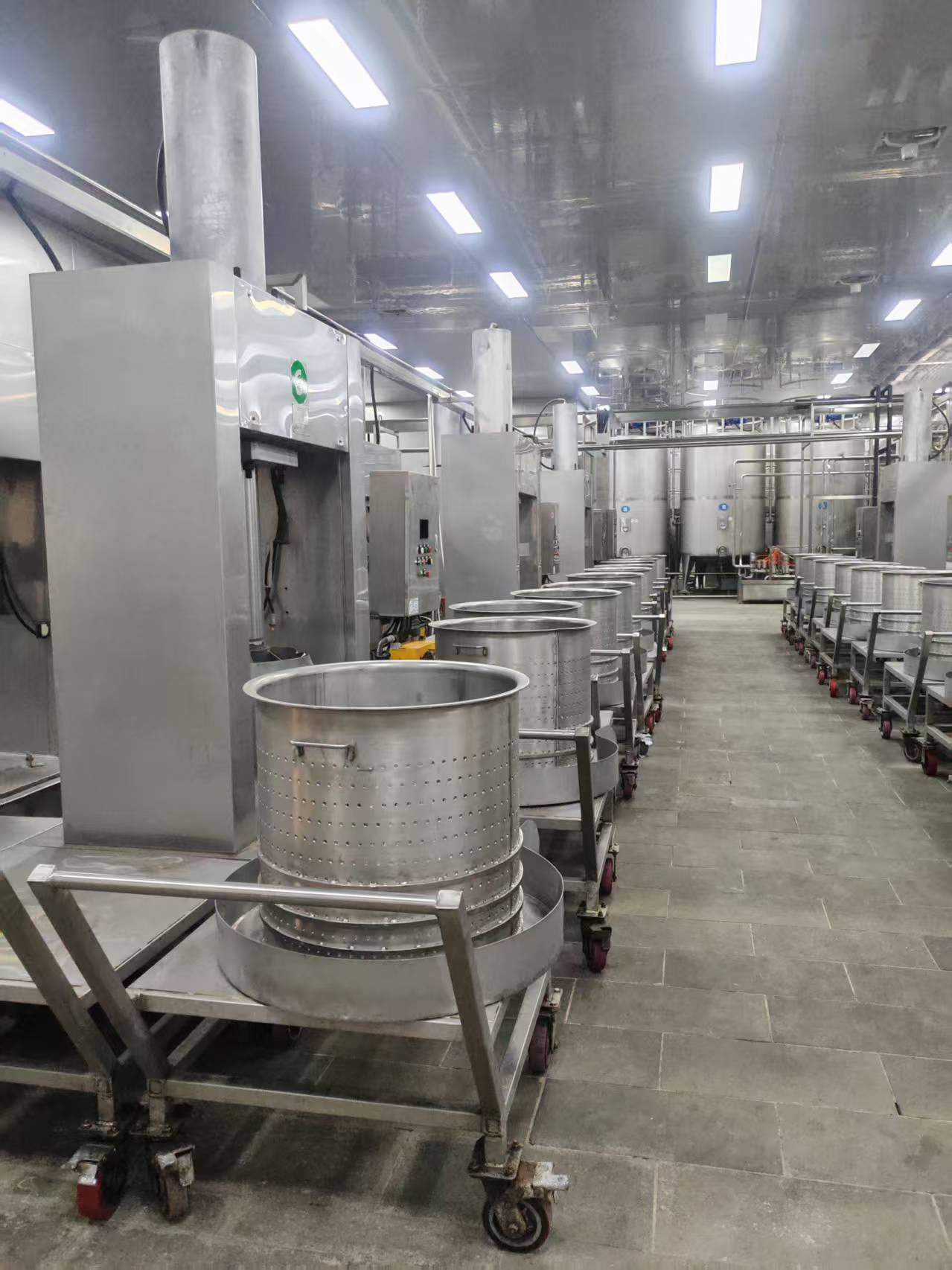 Close-up view of stainless steel processing equipment and perforated drums on mobile carts
