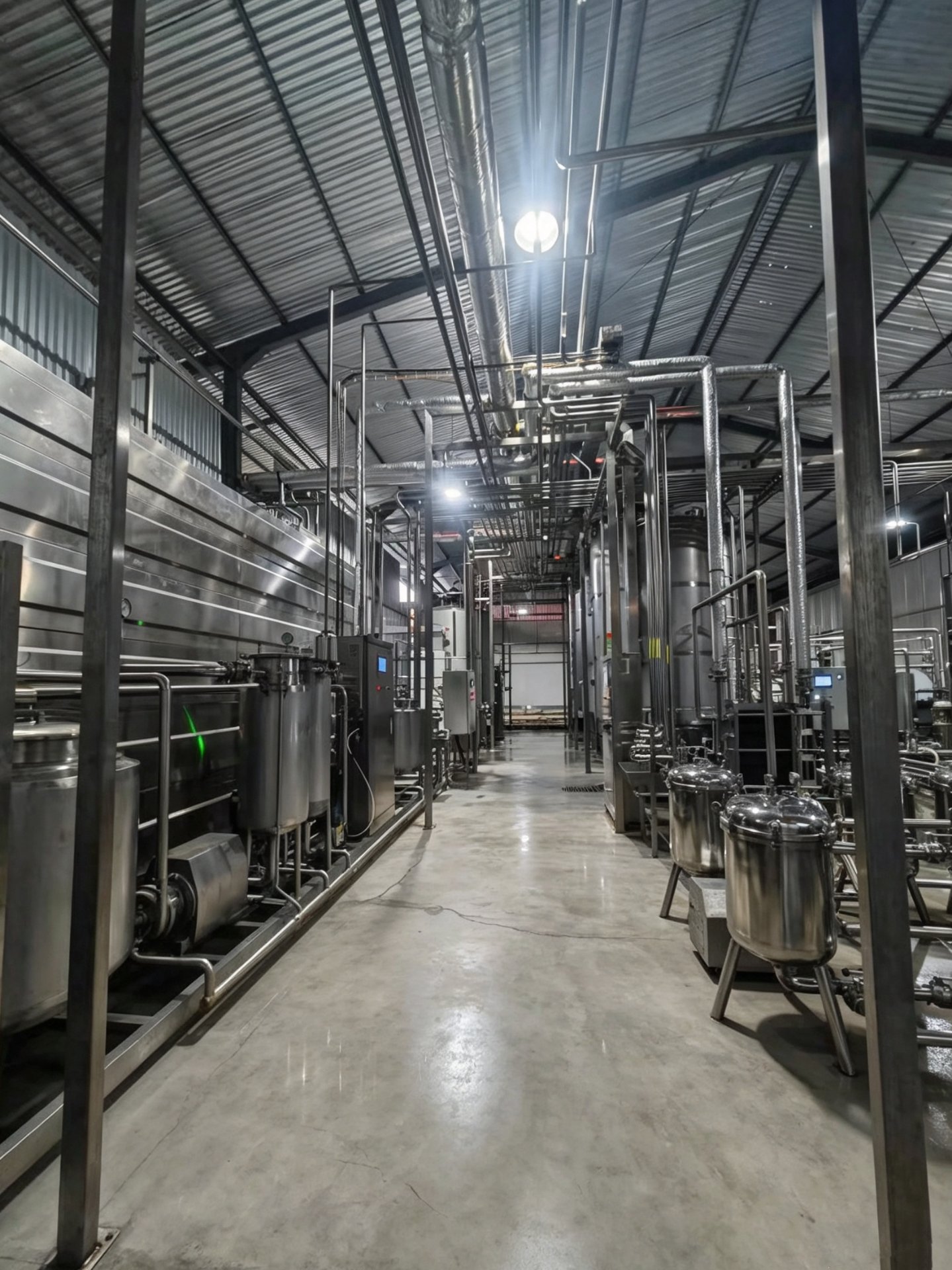 Factory stainless steel processing corridor with automated equipment and piping systems