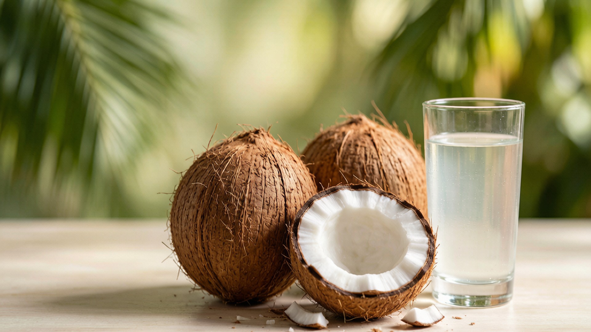 Fresh whole coconuts with clear coconut water
