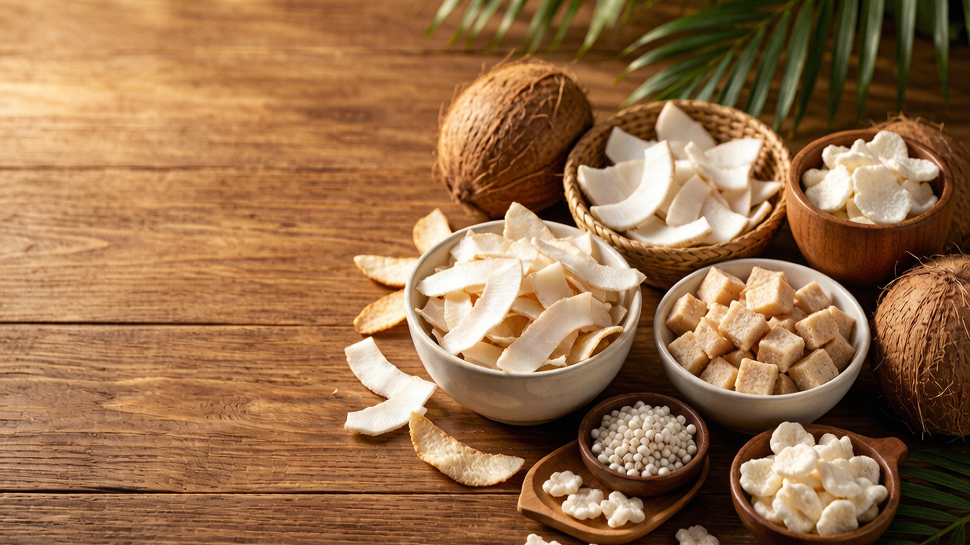 Crispy coconut chips, coconut flakes and crunchy coconut cubes